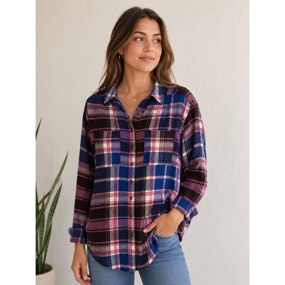 Pilcro Anthropologie Plaid Button Down Shirt Purple Blue Pink Size Medium